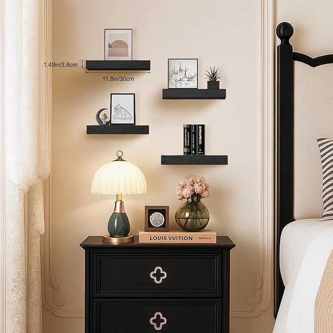 Black Floating Shelves for Wall, Set of 4 Wooden Wall Mounted Shelves for Bathroom Over Toilet, Bedroom, Kitchen, Living Room & Office, Hanging Storage and Wall Decor, 12"x7"x1.5"