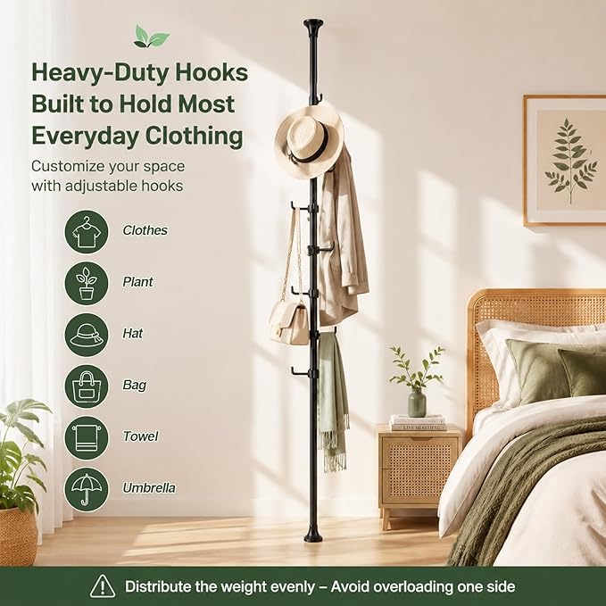 Coat Rack Freestanding, 56 to 125 inch Adjustable Tension Rod Hanger with 12 Hooks for Hanging Coat, Plant,Jacket, Hat, Scarf, Suitable for Living Room, Balcony, Kitchen Black