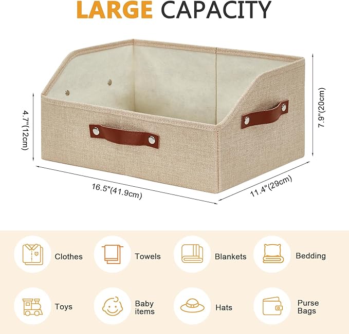 Bagnizer Closet Organizers and Storage, Linen Trapezoid Storage Bins with Handles, Collapsible Shelf Organizer for Blanket, Towel, Clothes, Hats, Purse (Khaki)