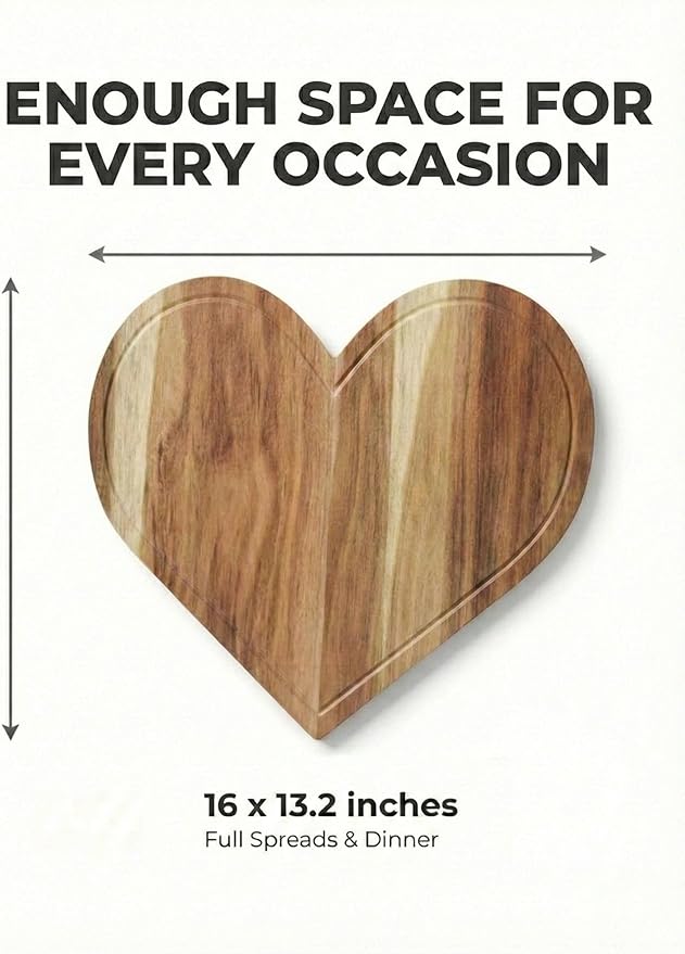 Heart Charcuterie Board 16 x 13.2 Inches - Acacia Wood Cutting Board, Heart Shaped Serving Tray - Mother’s Day Gifts for Mom, Wife, Grandma, Birthday Gifts for Mother & Grandmother