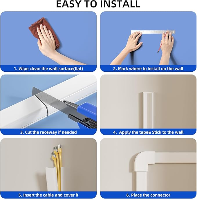 Delamu Large 236in Cord Hider for 3-4 Cords, Cord Covers for Wires on Wall, Easier Install Wire Covers for Cords on Wall, Cable Wire Hider, Cable Cover Management Raceway, W1.18 H0.63in, White