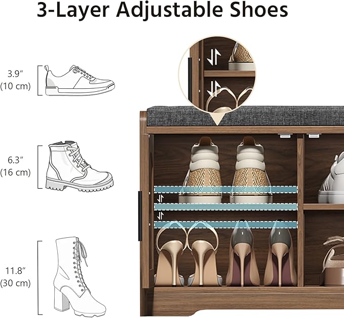 39.4" Shoe Storage Bench with Seating Cushion, Fluted 2-Tier Entryway Bench with 3 Doors & Adjustable Shelves, Shoe Cabinet Bench for Entryway, Hallway, Bedroom and Living Room (Walnut)