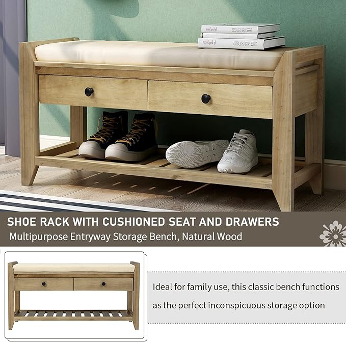 LUMISOL Storage Bench, Shoe Rack with Upholstered Seat and 2 Drawers, Solid Wood Entryway Storage Bench with Shoe Rack for Entryway, Living Room, Bedroom, Antique Navy