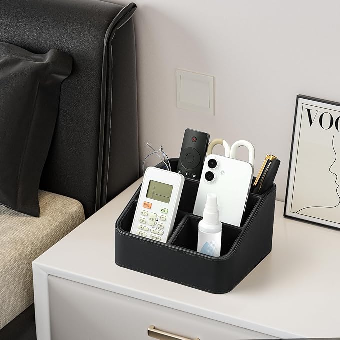 Remote Control Holder, PU Leather Small Desk Organizer with 4 Compartments, Nightstand Organizer Office Desk Accessories Desk Caddy for Countertop Bedside End Table (Black)