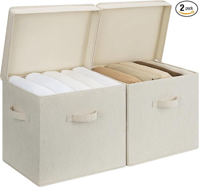 StorageWorks Storage Bins with Lid, Decorative Fabric Storage Bins with Handles, Stackable Closet Organizers for Shelves and Bedroom, Large, Beige(Natural Fabric), 2-Pack