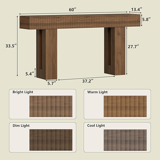 60-Inch Long Entryway Table with Built-in Power Outlet and App & Button-Controlled RGB Light, Thick Wood Farmhouse Console Table for Behind Sofa, Narrow Hallway, Living Room, Foyer, Entrance, Walnut