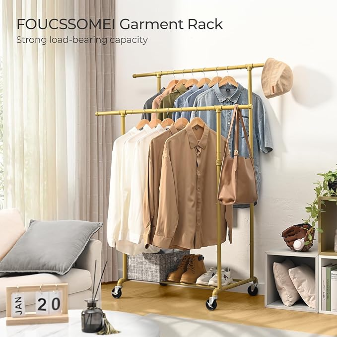 FOUCSSOMEI Heavy Duty Clothes Rack, Rolling Clothing Rack, Garment Rack with Wheels, Double Rod, Max 400Lbs, Gold