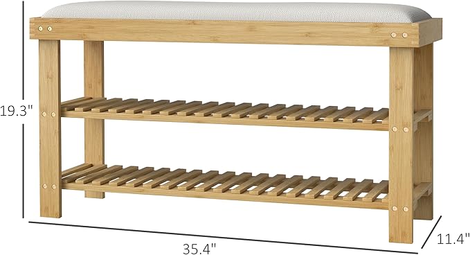 HOMCOM Bamboo Shoe Bench, 3-Tier Entryway Bench with Storage and Cushion, Shoe Organizer for Entryway, Hallway, Holds Up to 331 lbs, 35.4 x 11.4 x 19.3 Inches, Natural
