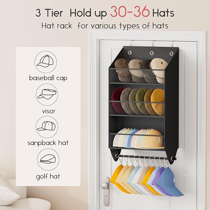 Homsorout Over the Door Hat Rack - 3-Layer Design Hat Organizer Holds 30-36 Hats with 10 Hooks, Ideal Hat Rack for Door, Over the Door Organizer for Closet, Apartment, Bedroom, Dorm, 2 Pack, Black