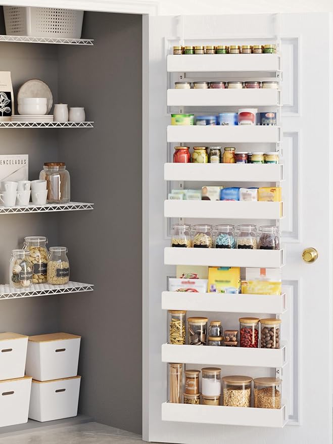 Over The Door Pantry Organizer, 9-Tier Metal Pantry Organization and Storage, Hanging Door Spice Rack Shelves, Home & Kitchen Organization, Laundry & Bathroom Essentials, White
