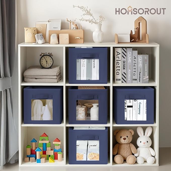 Homsorout Storage Cube 11 Inch - Cube Storage Bins with Window, Closet Storage Baskets with Handle, Fabric Bins for Closet, Shelves, Toys, Clothes, Set of 12, Navy Blue