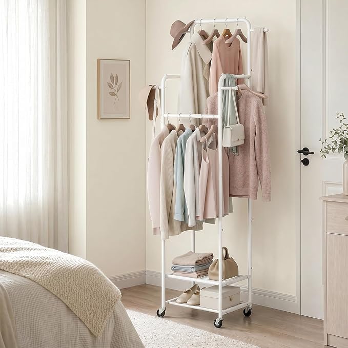 Clothing Rack with Wheels, 71" Portable Rolling Clothes Rack with 2 Shelves and 4 Hanging Rods, Small Garment Rack with 4 Hooks, Sturdy Metal Coat Rack for Bedroom, Laundry Room, White