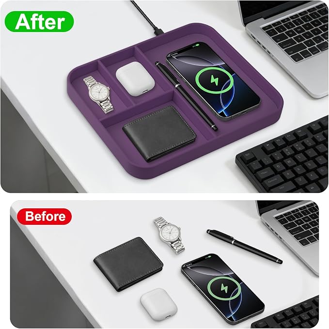 VOVIPO Faux Leather Valet Tray,with 2 in 1 Wireless Charging Compitable With iPhone/17/16/15/15 Plus/15 Pro/15 Pro Max/14/13/12/Wireless earphones,Office/Home Desk Organizers Tray-Purple