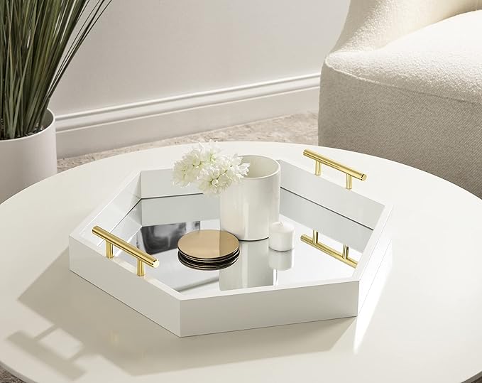 Kate and Laurel Lipton Modern Hexagon Mirrored Tray; 18 x 18; White and Gold; Midcentury Decorative Serving Tray for Storage and Display