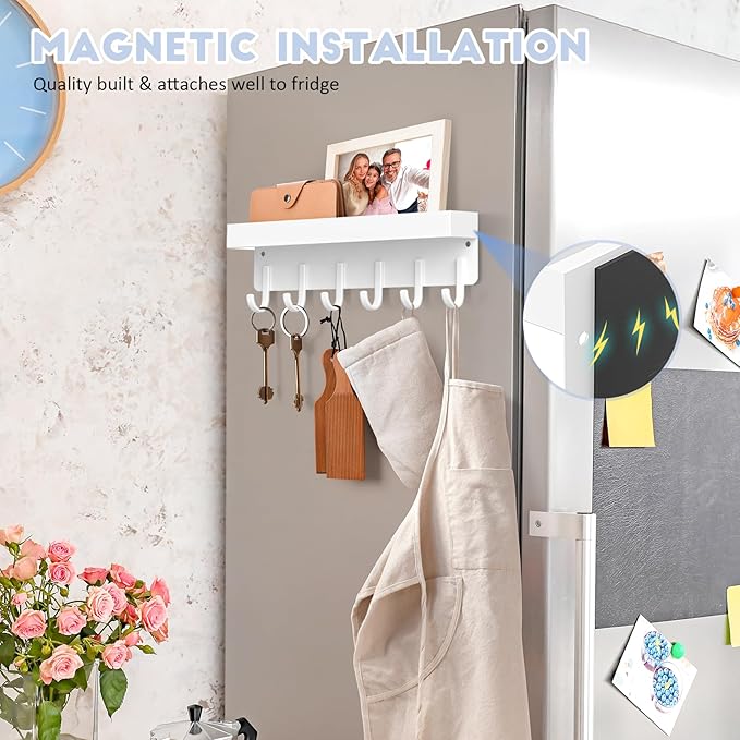 Magnetic Key Holder, Small Wall Mount Key Rack with Shelf for Fridge, 6 Metal Hooks, 9.65 Inch, 2 Installation Options, White