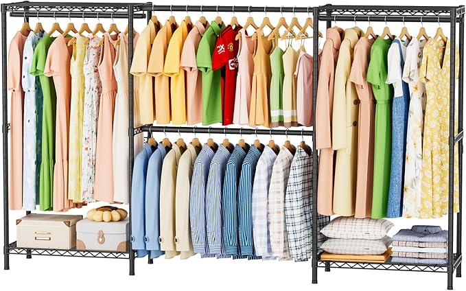 SINGAYE Clothes Rack Portable Closet Coat Wardrobe Heavy Duty Clothing Racks System Organizers and Storage for Hanging Clothes Garment Rack Adjustable with Shelves Black