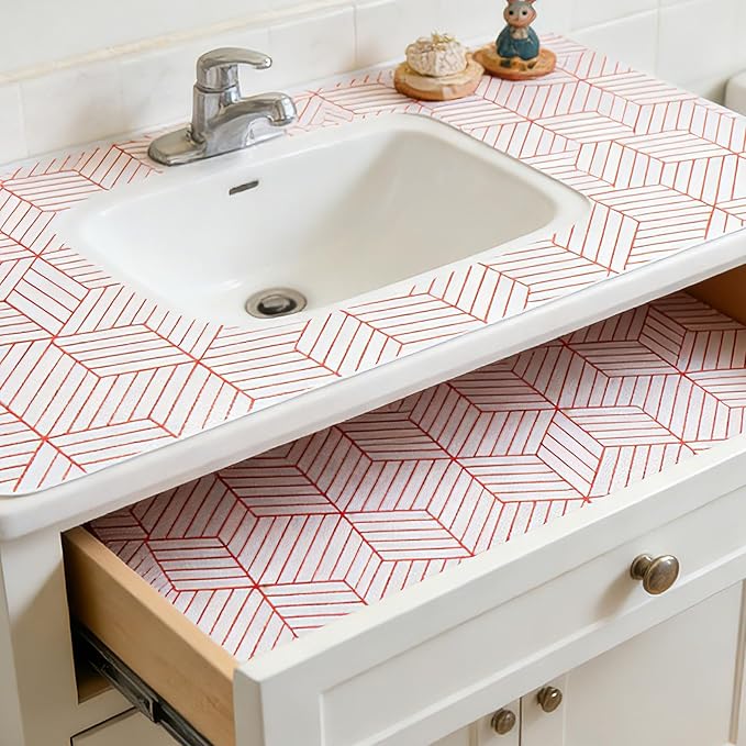 Red Geometric Pattern Shelf Liner, Non-Adhesive Non-Slip Thickened Drawer Liner, Easy to Clean Contact Paper for Kitchen Cabinets, Tool Box, Refrigerator, Includes Knife & Tape .12×236.22inches.
