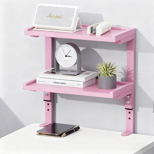 2-Tier Desk Shelf, Expandable Under Desk Storage, Clamp on Desk Shelf, Desktop Accessories for Offices, Study Rooms, and Game Rooms (Pink)