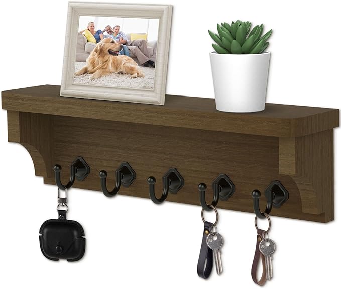 Nekon Key Holder for Wall, 11.8" W x 3.5" H x 2.8" D Decorative Key Organizer with Floating Shelf, Wall Mount Key Rack with 5 Hooks (Rustic Brown)