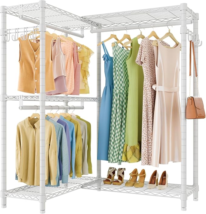 VIPEK L4 Clothes Rack L Shaped Garment Rack for Corner, 810lbs Heavy Duty Portable Closet Metal Clothing Rack, Adjustable Shelving/Sturdy Hanging Rods/Side Hooks, White