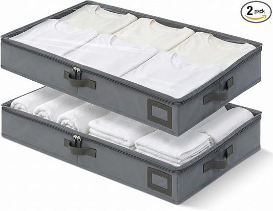 4-Inch Under Bed Storage Containers (2-Pack) | Sturdy Sidewalls | Clear Cover & Label Holder | Foldable Fabric Closet Bin Organizer | Stores Clothing/Blankets/Sweaters/Sheets