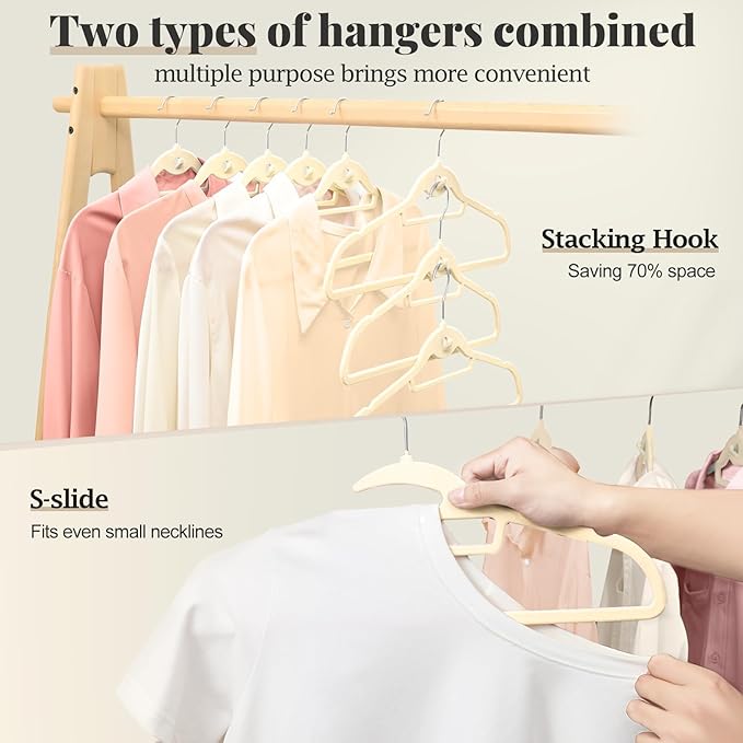 Velvet Hangers 50 Pack, S-Shaped and Stackable Non Slip with 360°Swivel Hook, Ultra Thin and Space Saving Flocked, for Suits, Shirts, Coats, 15Lbs Capacity Heavy Duty, Ivory
