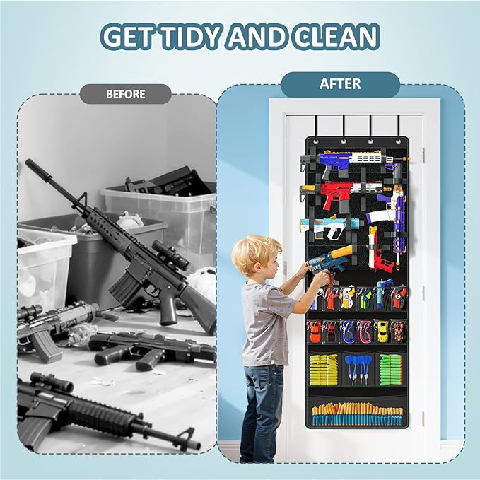 Over Door Toy Gun Storage, Hanging Organizer for Toy Guns, Hanging Toys Organizer with Pockets, Hook&Loop Straps for Foam Blasters, Darts, Goggle, Toys Storage Door Hanger for Kidroom, Gameroom, Black