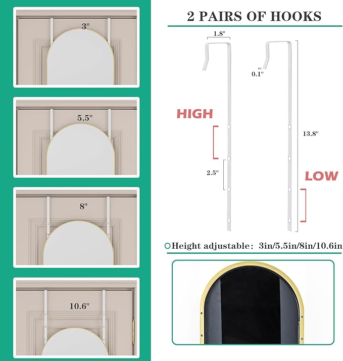Over the Door Mirror Full Length,48"x14"Door Hanging Mirror Full Length Arch Mirror,Behind the Door Wall Mirror,Back of Door Mirrors for Closet Bedroom Living Room (Gold)
