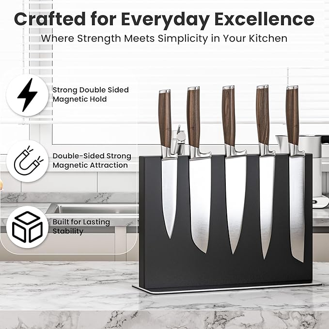 THMINS Magnetic Knife Holder, Double-Sided Magnetic Knife Block, 304 Stainless Steel Knife Holder for Kitchen Counter, Black Knife Stand