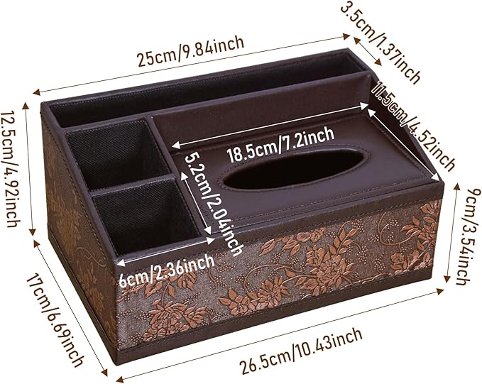 Marte Vanci Leather Tissue Box Cover Rectangular Multifunctional Tissue Holder with Remote Control Caddy Dryer Sheet Dispenser Facial Napkin Organizer for Desk Bedside Table Nightstand Vanity (Retro)