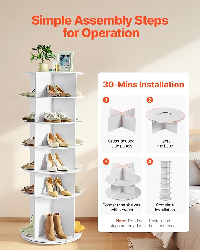 VEVOR 6 Tiers Rotating Shoe Rack Tower, 360° Spinning Shoe Rack, Revolving Storage Round Carousel Display, Freestanding Lazy Susan Organizer Display for Bedroom, Living Room, Entryway, Closet, White