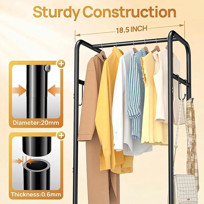 Clothes Rack with Wheels, Freestanding Garment Rack with 3 Metal Shelves for Hanging Clothes, Portable Hanging Rod for Small Room, Bedroom, Bathroom (Black)
