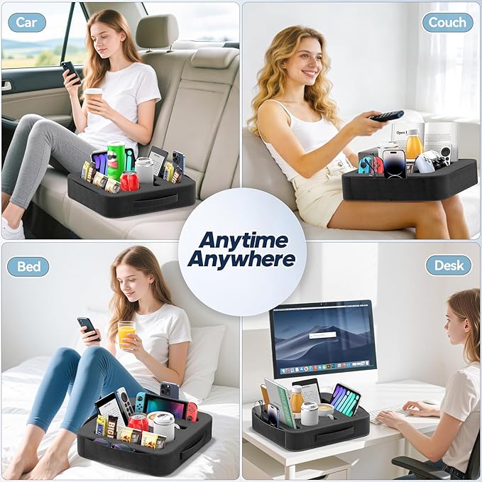 Couch Cup Holder Tray, Couch Caddy for Drink, Snack, Phone, Remote, Ipad, Game Controller, Large-Size Sofa Cup Holder for Bed, Sofa, Car, Desk, Black