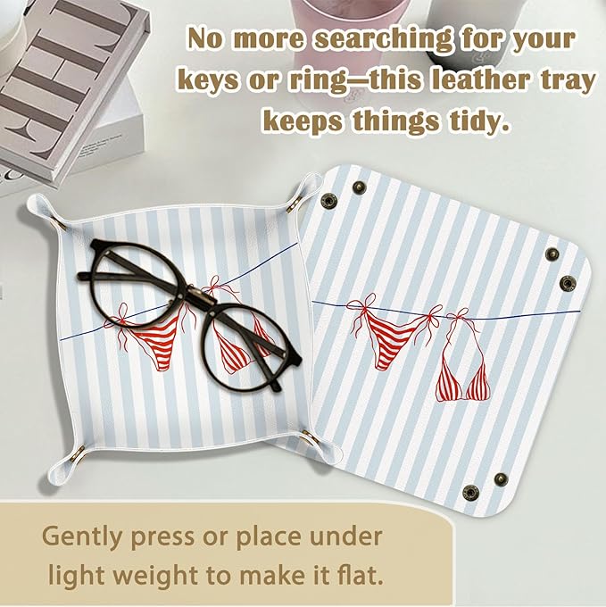 Coastal Grandma Decor Beach Jewelry Valet Tray for Women, Beach Lovers Gifts PU Leather Catchall Beside Caddy Nightstand Organizer Tray for Jewelry Rings Watches Keys Accessories, 7.87x7.87in