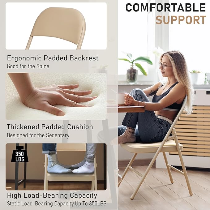 24 Pack Khaki Folding Chairs with Padded Cushion and Back for Outside Portable Stackable Commercial Foldable Chairs with Steel Frame for Events Office Wedding Party, 350lbs Capacity