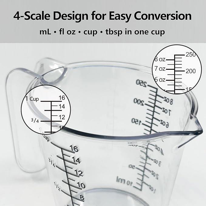 1 Cup (250ml) Measuring Cup, Laser-Etched oz/cup/mL/Tbsp, Small Plastic Measuring Cup with Handle for Baking, Hair Color & Resin