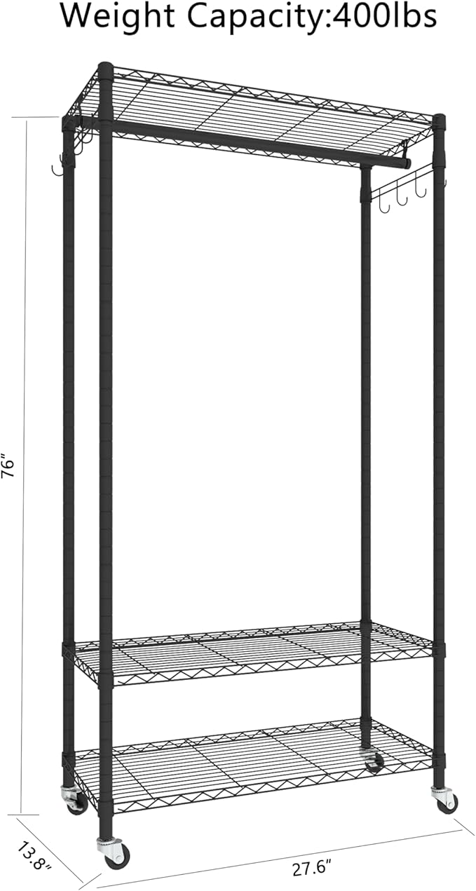 Rolling Portable Garment Rack, Freestanding Clothes Rack with 3 Adjustable Wire Shelves, 2 Side Hooks, Black
