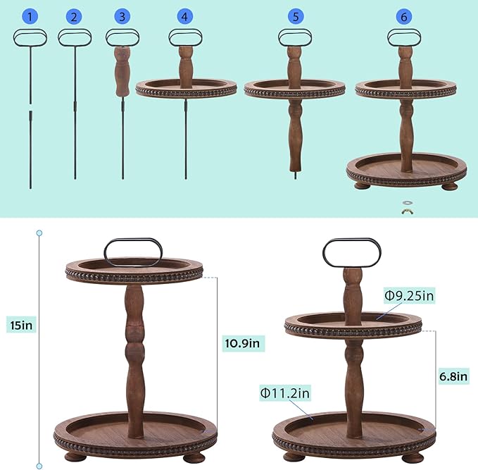Urban Deco Wooden Decorative Tray Two Tiered Tray Decorations Round Serving Tray with Metal Handle, Wooden Cupcake Stand for Party Tiered Dessert Stand - Dark Brown Farmhouse Wood Tray