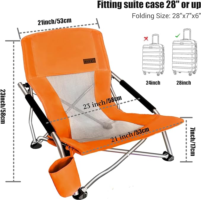 Nice C Low Beach Chair, Beach Chairs for Adults 2 Pack, Sling, Folding, Portable, Concert, Kids, Boat, River, Sand Chair, Sillas De Playa, with Cup Holder & Carry Bag (Set of 2 Orange)