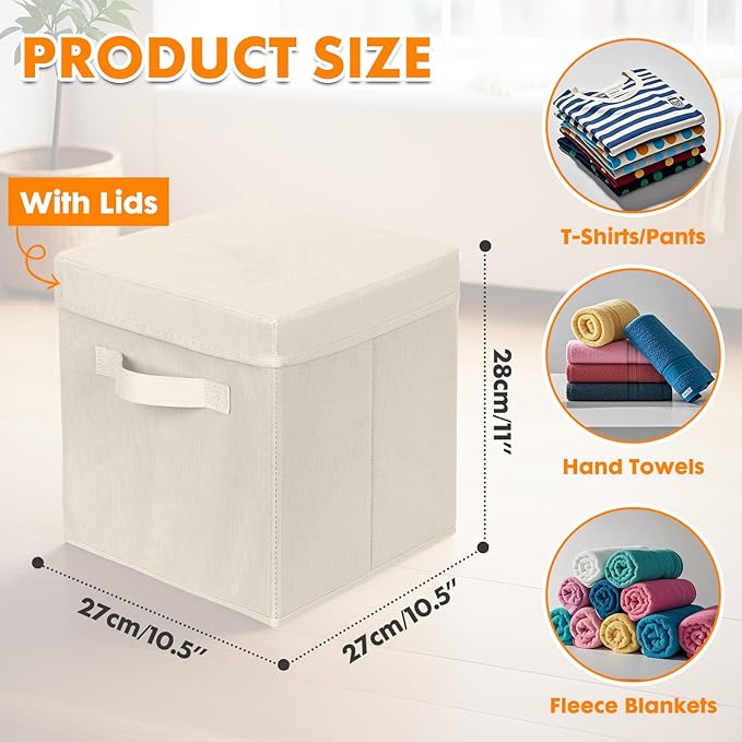 ShellKingdom Storage Bins, Foldable Fabric Storage Cubes with Lid, Clothes Storage Organizer Drawer For Closet Toys Storage, 10.5 X 10.5 X 11 INCH, 2 Pack (Beige)