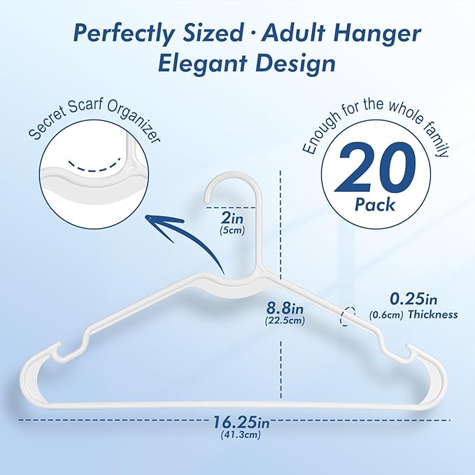 HOUSE DAY White Plastic Hangers 20 Pack, 16.25" Slim Hangers with Non-Slip Extended Notch, Perfect for Plus Size & Curvy Fits, Closet Organization Essential, Space Saving for Dorm Apartment Home