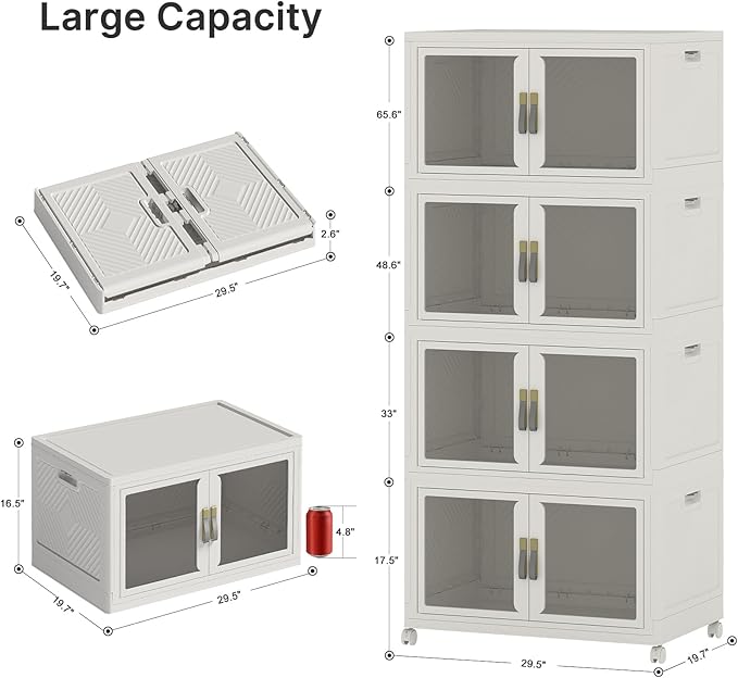UAMFURI Stackable Storage Bins with Lids, Clear Doors, Large Storage Cabinet Foldable Collapsible Closet Organizers for Bedroom Dorm Office (4, White, 160, Quarts)