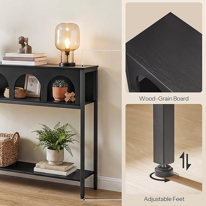 HOOBRO Modern Console Table, Entryway Table with 3-Tier Storage, Narrow Sofa Table Behind Couch with Arched Design for Living Room, Entrance, Hallway, Black BB106XG01