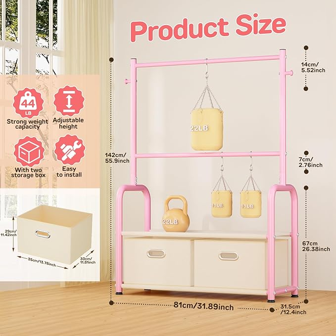 Kids Dress Up Rack Small Baby Closet Organizer for Hanging Clothes Kids Clothes Rack with 2 Tier Storage Racks and 2 Adjustable Hanging Poles (Upgrad, Pink)