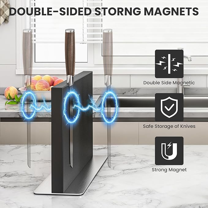 THMINS Magnetic Knife Holder, Double-Sided Magnetic Knife Block, 304 Stainless Steel Knife Holder for Kitchen Counter, Black Knife Stand