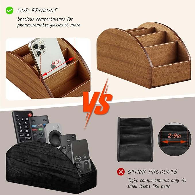 BIBELUN Large TV Remote Control Holder, Rustic Wood Nightstand Remote Caddy with 5 Compartments, Entryway Table Storage Box Organizer for Phones, Controllers, Media Player, Office Supplies, Home Décor