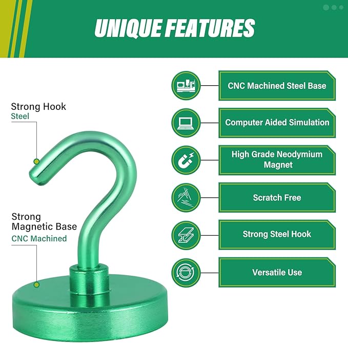 Neosmuk Magnetic Hooks, Heavy Duty 130lb+ Strong Magnet Hook for Cruise Cabins, Cruise Essentials 2026 for Hanging, Metal Wall Refrigerator Hangers (Green, 10 Pack)