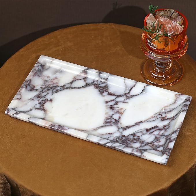 DUANYAN Natural Marble Tray, Coffee Table, Food, Fruit, Paper Cup, Cake Display, Coffee bar, Family Gatherings, Seasonal Holiday Decoration Tray(Viola-rectangle-11 x5 x0.7)