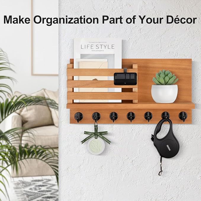Lwenki Key Holder for Wall – Decorative Wooden Mail Holder and Key Shelf with Mounting Hardware, Installation Guide – Paulownia Wood with Metal Key Hooks (Light Brown, Extra Large - 15.6inch)