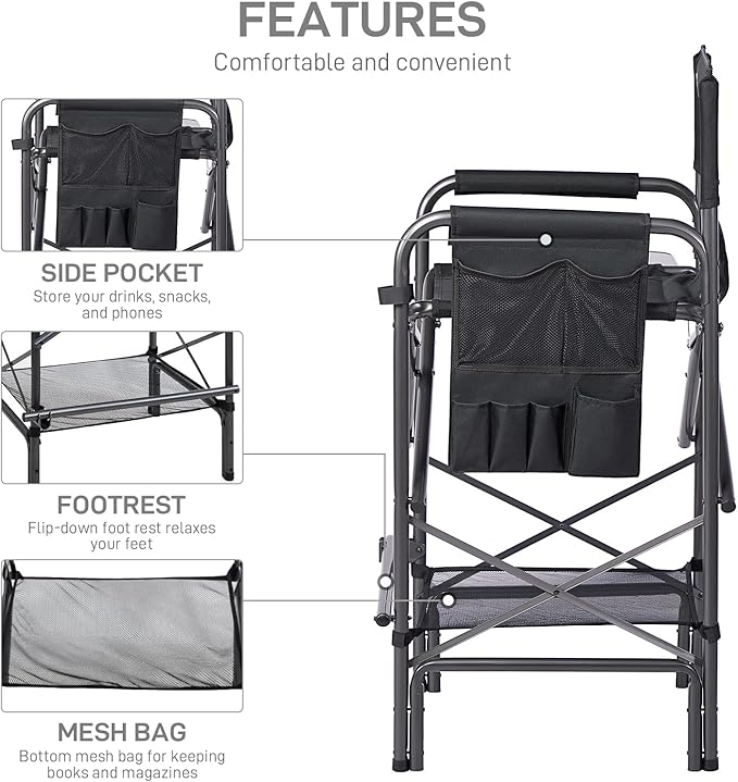 EVER ADVANCED 30.7" Seat Height Directors Chair for Makeup Artist with Side Table Easy Get in Out for Elderly Tall Camping Chair Supports 350lbs Black